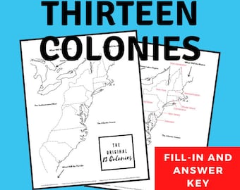 Carte des treize colonies, éducation imprimable, début de l'histoire des États-Unis, école à la maison, téléchargement immédiat, document original des 13 colonies