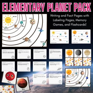 Peut inclure: Un pack d'activités éducatives imprimables pour apprendre le système solaire. Le pack comprend des pages d'écriture et de faits, des pages de mise en étiquette, des jeux de mémoire et des cartes mémoire mettant en scène les planètes et le soleil. Les planètes sont illustrées avec de jolis visages de dessins animés.