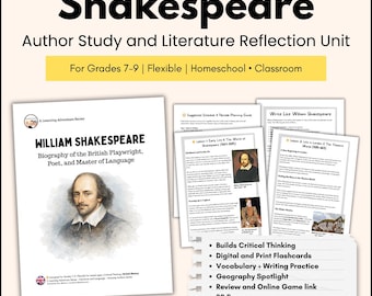 Shakespeare Author Study Unit | Literature Activities for Middle School | Writing, Vocabulary & Reflection | Homeschool ELA Printable