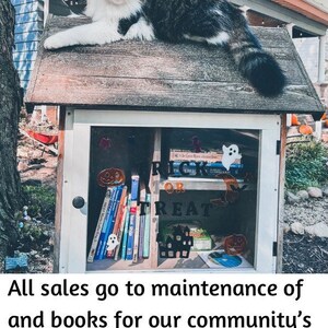 May include: A small wooden library with a glass door, decorated with Halloween-themed stickers, including a ghost, a pumpkin, and a witch's hat. The library is filled with books and a CD. A black and white cat sits on the roof of the library. The text "Trick or Treat" is visible on the door.