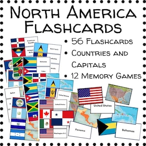 North America Flashcards - Flags of North America, Countries, and Capitals with Memory Games