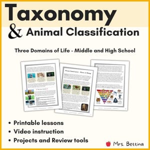 Taxonomy Animal Classification Unit | Three Domains of Life Biology Printable | Middle School Science Lesson | Homeschool Biology Activity