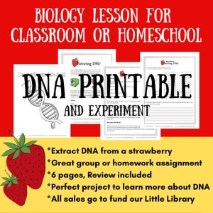 Peut inclure: Une leçon de biologie imprimable pour la classe ou l'école à domicile. La leçon comprend une expérience d'extraction d'ADN, une recherche de mots et un mot croisé. La leçon est parfaite pour apprendre l'ADN et comprend une révision. La leçon est conçue pour être utilisée avec une fraise. La leçon est de 6 pages et comprend une révision. Toutes les ventes servent à financer une petite bibliothèque.