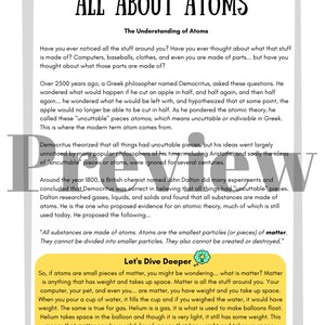 May include: A colorful illustration explaining the concept of atoms. The text explains that atoms are the smallest particles of matter and cannot be divided into smaller particles. The text also explains that atoms are what matter is made of.