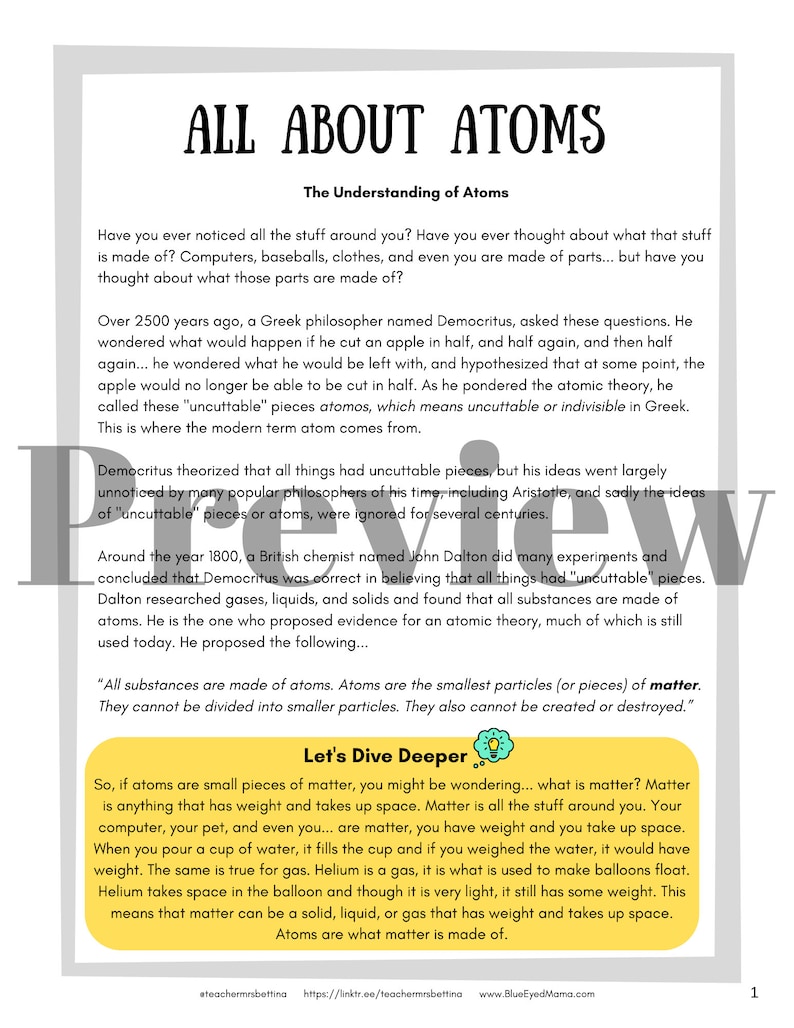 May include: A colorful illustration explaining the concept of atoms. The text explains that atoms are the smallest particles of matter and cannot be divided into smaller particles. The text also explains that atoms are what matter is made of.
