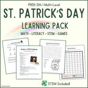 St. Patricks Day Lernpaket | PreK–5 Druckbare Aktivitäten | Mathematik, Alphabetisierung und STEM | Klassenzimmer oder Homeschool