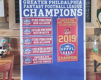 Custom Fantasy Football Championship League Champion Banner - Removable Year and Name Plates