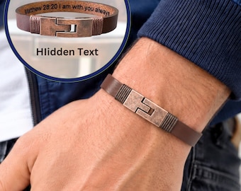 Leather Bracelet for Men, Personalized Cuff, Custom Engraved Jewelry for Him, Hidden Message