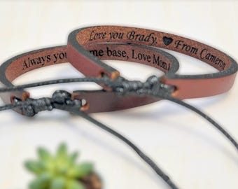 Minimalist Personalized Leather Bracelet: Unisex Own Text Custom Engraved Wristband Casual Jewelry