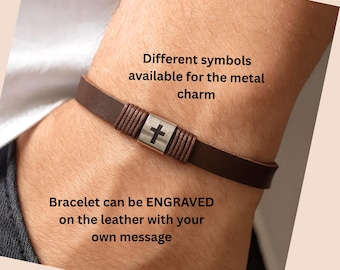 Minimalist Engraved Adjustable Leather Bracelet: Personalized Cross Accessories, Faithful Stainless Steel Charm Cuff 5mm Width