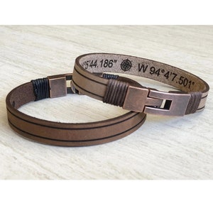 Personalized Leather Bracelet for Men Engraved Coordinates Hidden Message Custom Handmade Jewelry