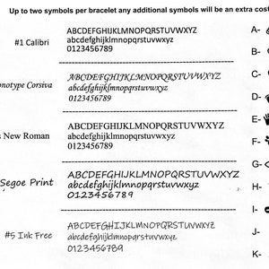 May include: A chart showing five different font styles with the alphabet, lowercase letters, and numbers. The chart also shows a list of symbols with letters A through K.