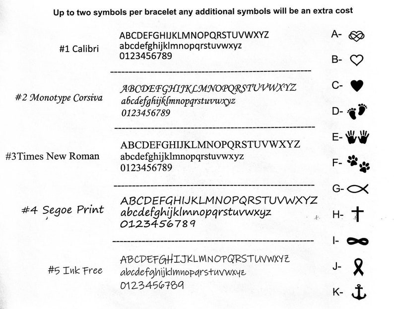 May include: A chart showing five different font styles with the alphabet, lowercase letters, and numbers. The chart also shows a list of symbols with letters A through K.
