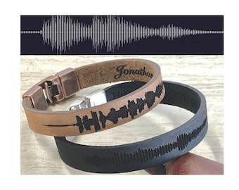 Custom Soundwave Men's Leather Bracelet Alloy Copper Color Clasp 9mm Wide Engraved Handcrafted Jewelry