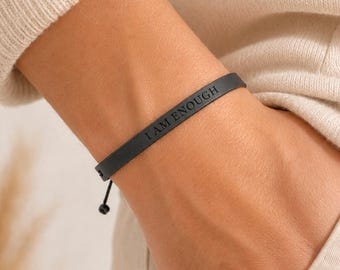 Personalized Engraved Minimalist Leather Bracelet, Custom Memorial Tribute Jewelry, Own Text Custom Engraved Wristband, Jewelry for Men