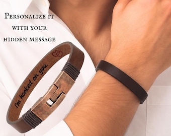 Personalized Mens 9mm Wide Leather Bracelet, Custom Engraved Message, Handmade Jewelry for Him, Laser-Engraved Own Text, Copper Color Clasp