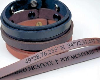 Personalized Men's Leather Bracelet, Double Strap with Double Text, Anniversary Gift For Husband