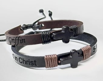 Pulsera de cuero personalizada con cruz: regalo de confirmación cristiana