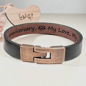 Personalized Leather Bracelet for Men: Custom Engraved Message 9mm Wide Band With Copper Clasp