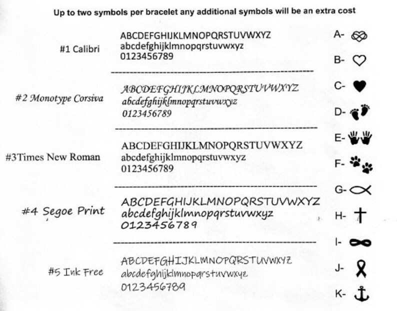 May include: A chart showing five different font styles with the alphabet, lowercase letters, and numbers. The chart also includes a list of symbols with letters A through K.