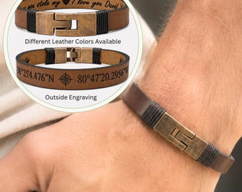 Personalized Men's Leather Bracelet: Engraved Text Inside and Outside or Both Sides