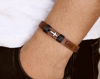 Cross Leather Bracelet for Men: Adjustable Christian Wristband Personalized Engraving