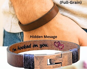 Real Leather Bracelet for Men Personalized: Engraved Own Text Message Wristband with Red Heart