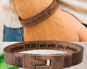 Engrave Leather Bracelet for Men:  Personalized with Hidden Message, Wax Cord Accent by the clasp