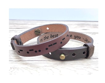 Morse Code Leather Bracelet Personalized Mens Leather Bracelet Engraved Morse Code Message Bracelets for Man Morse Code Adjustable Bracelet