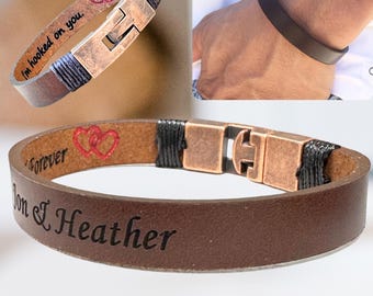 Personalized Leather Bracelet for Men: Engraved Hidden Message Wristband with Red Heart