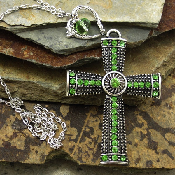 Crystal Cross Pendant Necklace ,Celtic Crucifix,Long Necklace,Religious Necklace,Cross Necklace for Women, Religious Jewelry, Antique Silver