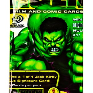 May include: A green Hulk trading card pack with a green and black image of the Hulk on the front. The pack says "Film and Comic Cards" and "Win Original Hulk #1!"