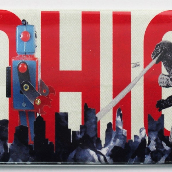 Ohio Godzilla Fighting Giant Robot FRIDGE MAGNET OSU Columbus Skyline Monsters