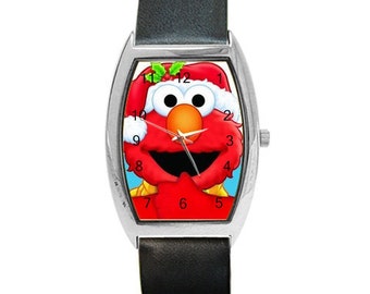 Christmas ELMO on a Barrel Watch with Leather Band  Ships from Hong Kong