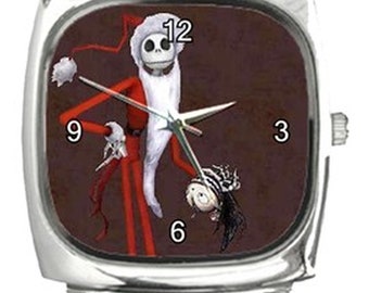 Christmas, Jack Skellington in Santa Outfit on a Silver Square Watch with Leather Band Ships from Indiana