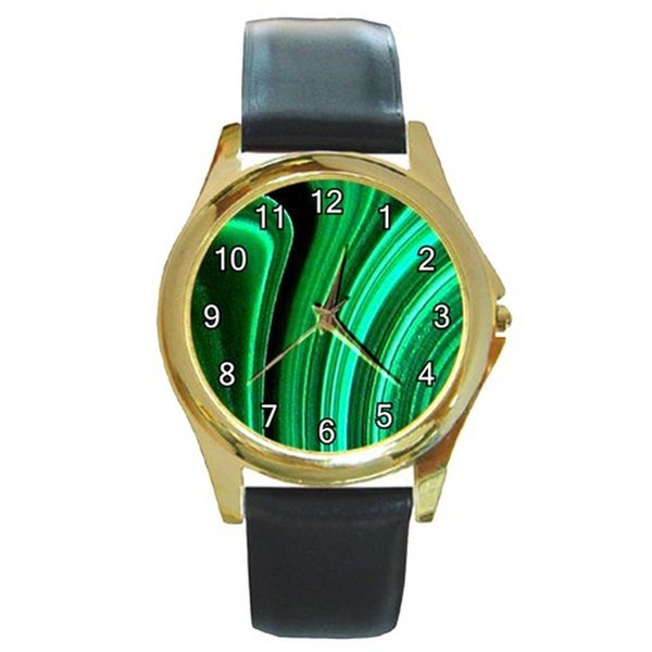 Superbe effet pierre malachite sur une montre en or pour homme ou femme avec bracelet en cuir Expédié de Hong Kong