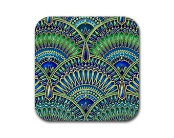 Beautiful Colorful Green and Blue Fan, Art Nouveau Design Square Rubber Bottom Coasters Set of 4 Ships from Hong Kong