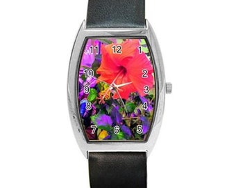 Beautiful Antherium Tropical Flower Women's Barrel Watch Leather Band, Ships from Hong Kong