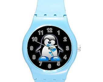 Penguin with Blue Shoes and Hearts on a Girls Blue Plastic Watch watches IP-WW4A-ZPEJShips from HOng Kong- Ships From Hong Kong