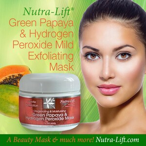 May include: A jar of Nutra-Lift Green Papaya & Hydrogen Peroxide Mild Exfoliating Mask, 1.5 oz (42g), with a white lid and a red label. The image includes a woman's face and papaya fruit. The text reads "A Beauty Mask & much more!"