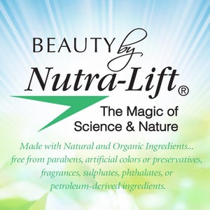 May include: A graphic with the words "BEAUTY by Nutra-Lift" in black, with a green arrow and the text "The Magic of Science & Nature." The text below states the product is made with natural and organic ingredients.