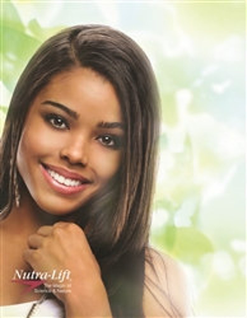 May include: A smiling woman with long, dark hair and fair skin. She is wearing a white top. The image has a soft focus background with green and white tones. The text "Nutra-Lift" is visible in the lower left corner.
