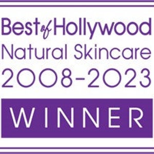 May include: Purple award badge with the text "Best of Hollywood Natural Skincare 2008-2023" and the word "WINNER" in a white rectangle.