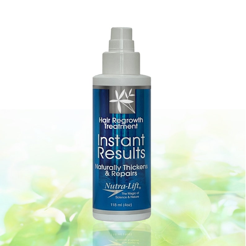 May include: A blue and white bottle of hair regrowth treatment labeled "Instant Results" with the text "Naturally Thickens & Repairs" and "Nutra-Lift. The Magic of Science & Nature" and "118 ml (4oz)".
