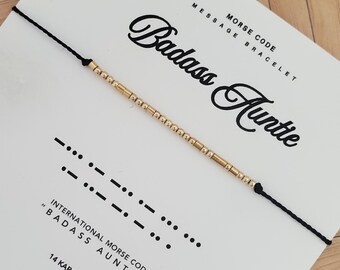 14K BADASS AUNTIE Morse Code Bracelet — Hidden Message Friendship Bracelet in Solid Gold, Gold Filled, or Sterling Silver by Renniegade LA