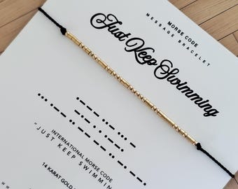 14k Just Keep Schwimmen Morse-Code-Armband aus massivem Gold, Gold gefüllt oder Sterling Silber, Armband mit versteckter Nachricht, Ermutigungsgeschenk