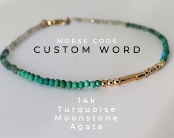 14k Turquoise Moonstone Agate Custom Word Morse Code Bracelet