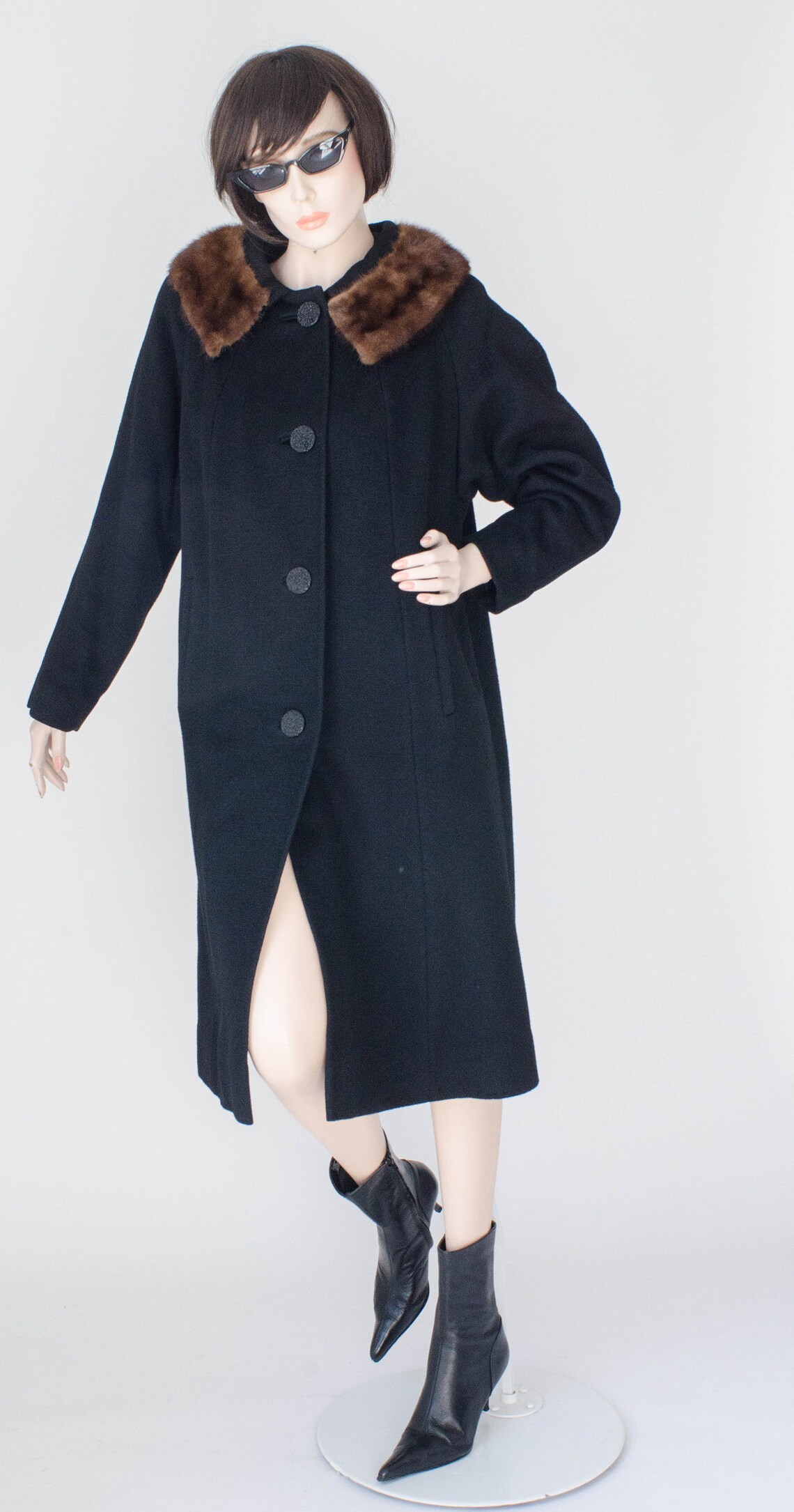 Mink Fur Collar Black Wool Coat Vintage 60s Jackie o Size | Etsy