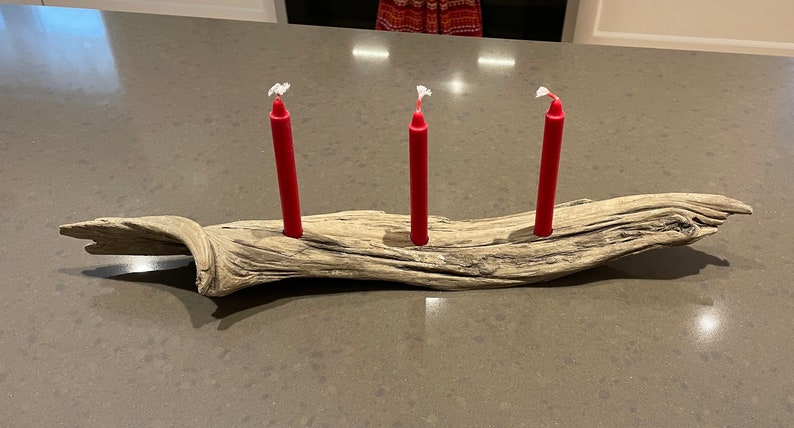 Driftwood Candle Holder: rustic curved candle holder for three standard red 4 candles image 2