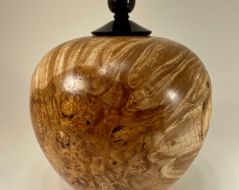 Large Maple Burl Urn - large wood cremation urn (259 cubic inches) in AAA Big Leaf Maple burl wood with screw top Ebony cover